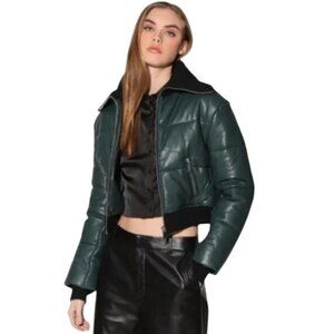 NEW Walter Baker Laylah Jacket, Hunter Green,‎ M, Leather Cropped Bomber Puffer